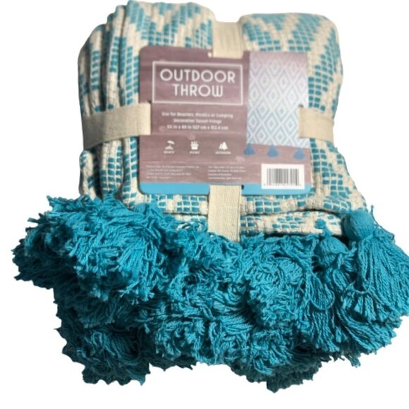 Outdoor Throw Beaches, Picnics or Camping Decorative Tassel Fringe Teal #712 - Picture 1 of 4